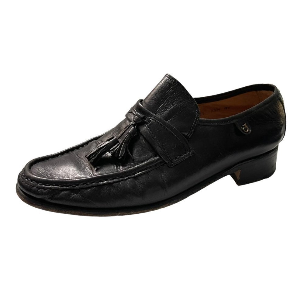 French Shriner Mens Vintage Black Leather Tassel Slip On Dress Loafer Shoes 7.5